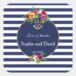 Tropische Floral Luau Navy Blue Stripes Wedding Vierkante Sticker