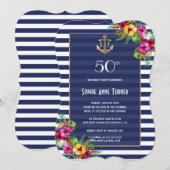 Tropische Floral Luau Navy Stripes Birthday Party Kaart (Voorkant / Achterkant)