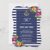 Tropische Floral Luau Navy Stripes Birthday Party Kaart (Voorkant)