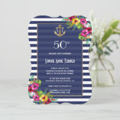 Tropische Floral Luau Navy Stripes Birthday Party Kaart (Staand voorkant)