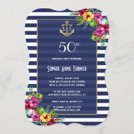 Tropische Floral Luau Navy Stripes Birthday Party Kaart