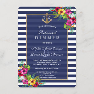 Tropische Floral Luau Navy Stripes REHEARSAL DINNE Kaart