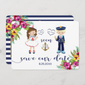Tropische Floral Luau Navy Stripes Save Save The Date (Voorkant / Achterkant)