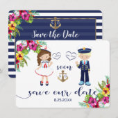 Tropische Floral Luau Navy Stripes Save The Date (Voorkant / Achterkant)