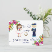 Tropische Floral Luau Navy Stripes Save The Date (Staand voorkant)