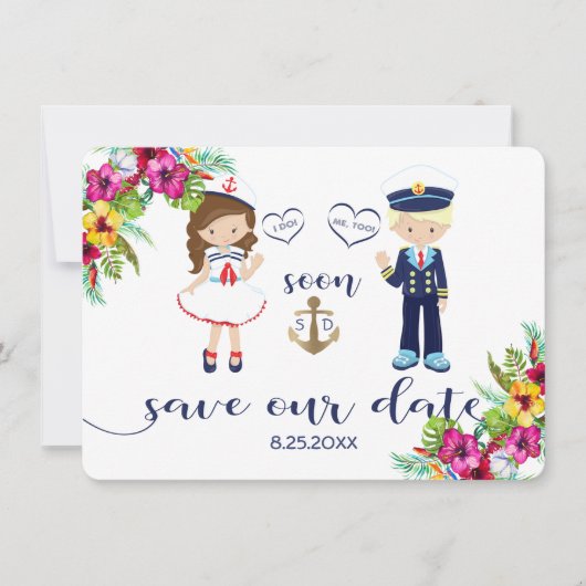 Tropische Floral Luau Navy Stripes Save The Date (Voorkant)