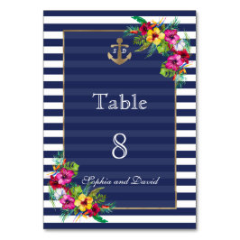 Tropische Floral Luau Navy Stripes Table Number Kaart