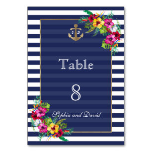 Tropische Floral Luau Navy Stripes Table Number Kaart