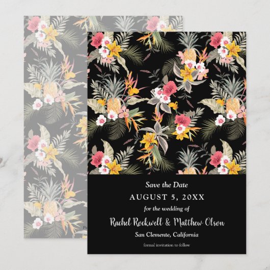 Tropische Floral op Black Wedding Save the Date (Voorkant / Achterkant)