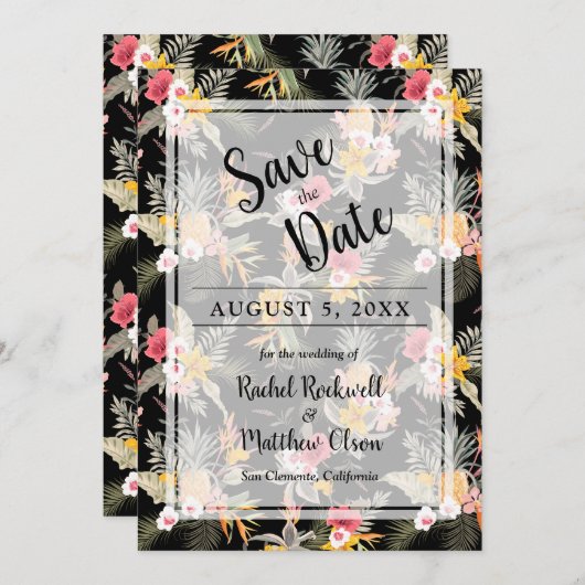 Tropische Floral op Black Wedding Save the Date (Voorkant / Achterkant)