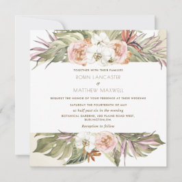 Tropische Floral Palm Leaf, Cream Square Weddensch Kaart
