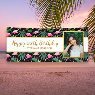 Tropische Floral Palm Leaf Flamingo Birthday Foto Spandoek
