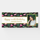 Tropische Floral Palm Leaf Flamingo Birthday Foto Spandoek (Horizontaal)