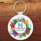 Tropische Floral Palm Wreatmonogram Initiaal Naam Sleutelhanger (Voorkant)