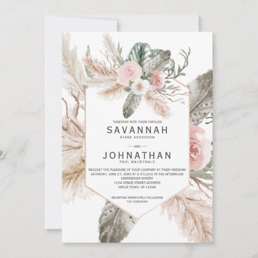 Tropische Floral Pampas Grass, Feathers, Rustisch  Kaart (Voorkant)