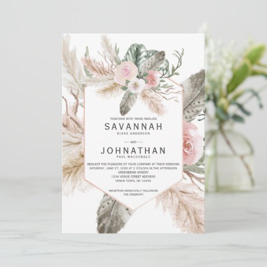 Tropische Floral Pampas Grass, Feathers, Rustisch  Kaart (Staand voorkant)