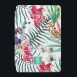 Tropische Floral Pattern met Monogram iPad Mini Cover<br><div class="desc">Een prachtig exotische eilandachtige hoesje met kleurrijke tropische orchideeën, leugens en papegaaibloemen in oranje, roze, rood, paars en wit. De palmschijfjes en de tropische bladeren zijn over het gehele ontwerp verspreid met een contrasterende witte achtergrond om alle kleuren pop te maken. Een vierkant lijst omringt een monogram initiaal dat u...</div>