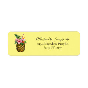 Tropische Floral & Pineappel Geel 2 Terugkeeradres Etiket