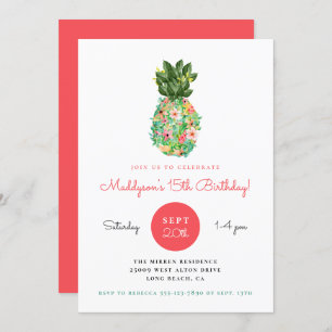Tropische Floral Pineapple Birthday Invitation Kaart