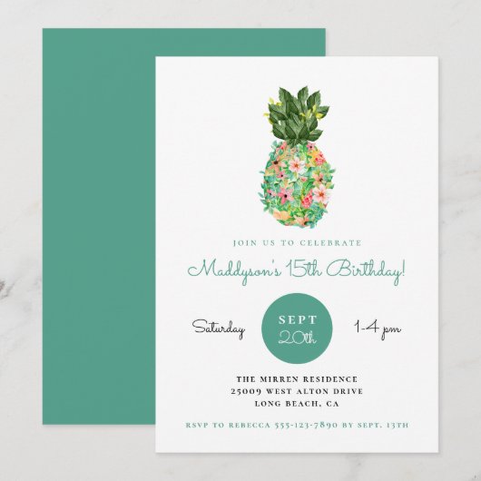 Tropische Floral Pineapple Birthday Kaart (Voorkant / Achterkant)