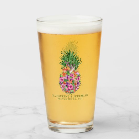 Tropische Floral Pineapple Waterverf Wedding Glas (Achterkant gevuld)