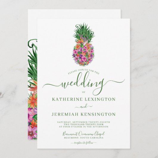 Tropische Floral Pineapple Waterverf Wedding Kaart (Voorkant / Achterkant)