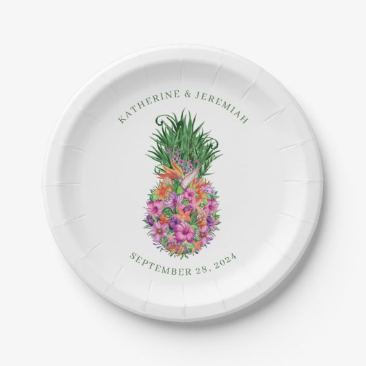 Tropische Floral Pineapple Waterverf Wedding Papieren Bordje (Voorkant)