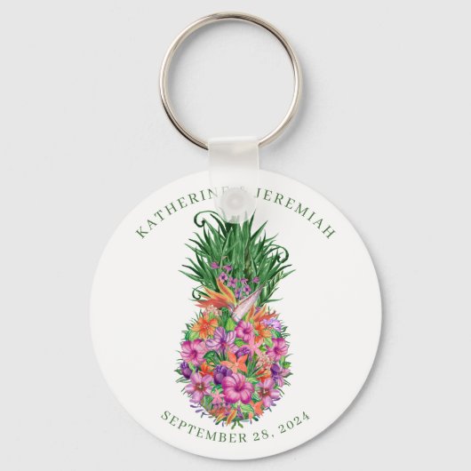 Tropische Floral Pineapple Waterverf Wedding Sleutelhanger (Voorkant)