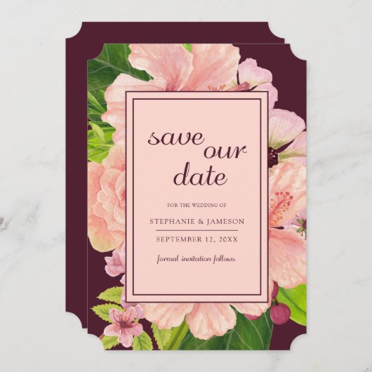 Tropische Floral roze en perzikkleurige Waterverf Save The Date (Voorkant / Achterkant)