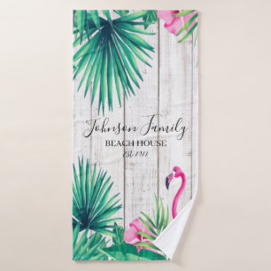 Tropische Floral roze Flamingo Familienaam Beach Bad Handdoek