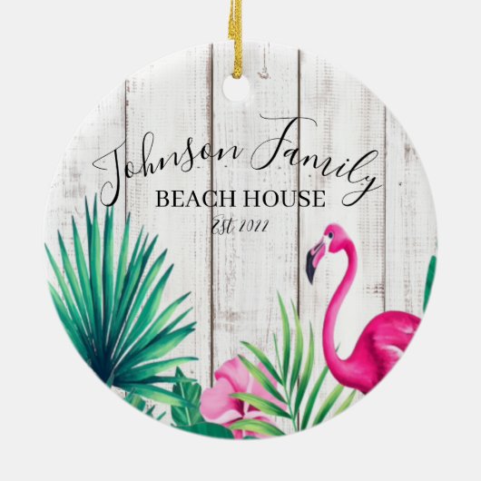 Tropische Floral roze Flamingo Familienaam Beach Keramisch Ornament (Achterkant)
