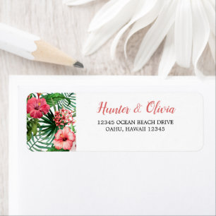Tropische Floral roze Hibiscus Green Palm Weddensc Etiket