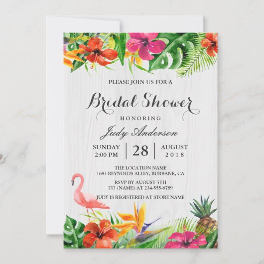 Tropische Floral Rustic Wood Flamingo Vrijgezellen Kaart (Voorkant)