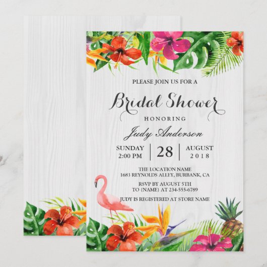 Tropische Floral Rustic Wood Flamingo Vrijgezellen Kaart (Voorkant / Achterkant)