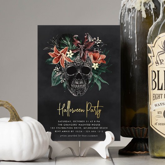 Tropische Floral Skull Halloween Party Folie Uitnodiging