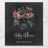 Tropische Floral Skull Halloween Wijn Etiket (Enkel label)