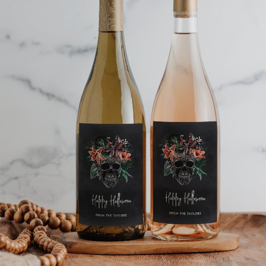 Tropische Floral Skull Halloween Wijn Etiket