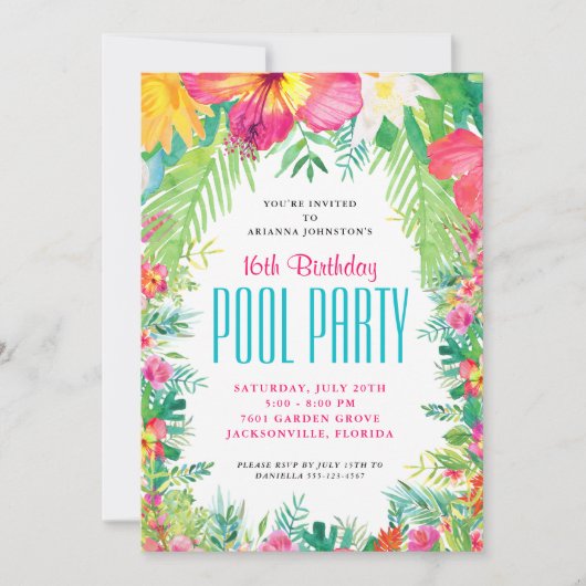 Tropische Floral Swimming Pool Party Birthday Kaart (Voorkant)