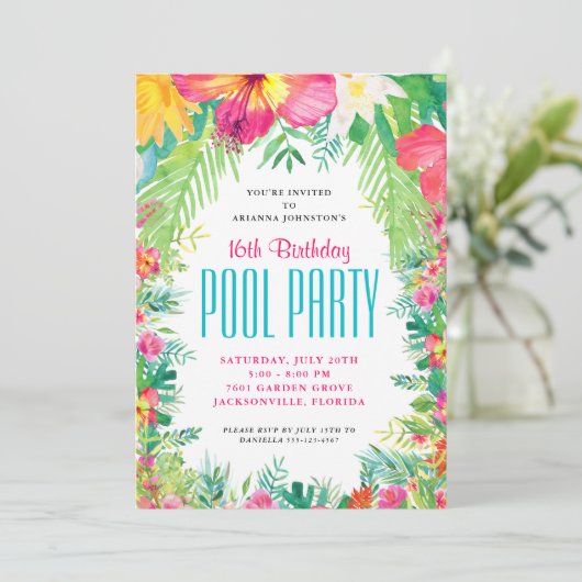 Tropische Floral Swimming Pool Party Birthday Kaart (Staand voorkant)