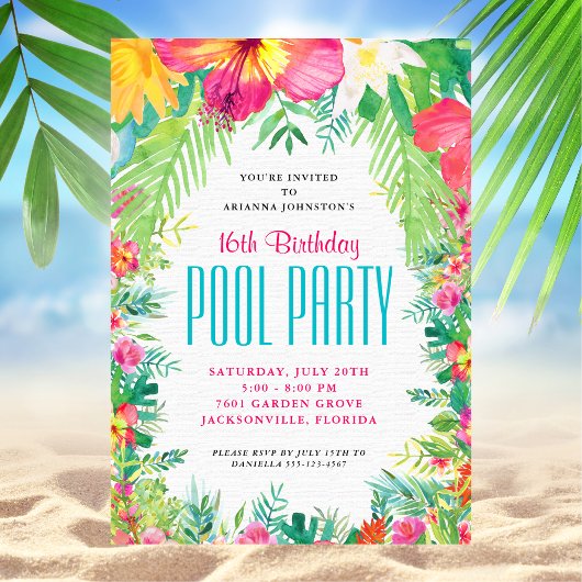 Tropische Floral Swimming Pool Party Birthday Kaart
