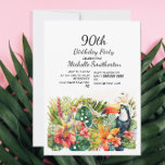 Tropische Floral Toucan 90th Birthday Kaart<br><div class="desc">De 90e verjaardag van de vrouw op uitnodiging van een majestueuze toerist op tropische bladeren en de florale achtergrond. Deze kaart kan voor iedereen van elke leeftijd worden aangepast. Neem contact met mij op voor hulp bij uw aanpassingen of om aanvullende Zazzle-producten aan te vragen of te coördineren voor uw...</div>