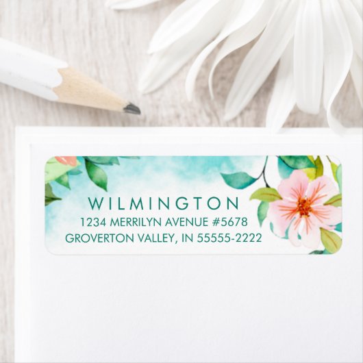 Tropische Floral Waterverf Foliage Turquoise Blauw Etiket (Insitu)