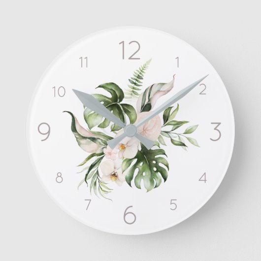 Tropische Floral Waterverf Palm Leaves en FLowers Ronde Klok (Voorkant)