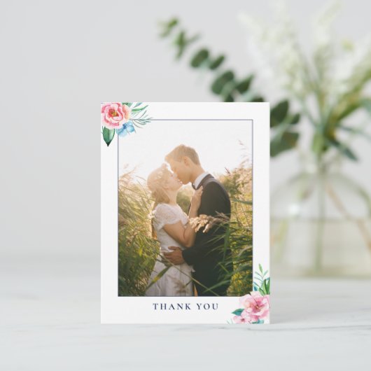 Tropische Floral Waterverf Weddenschap Foto bedank Briefkaart (Staand voorkant)