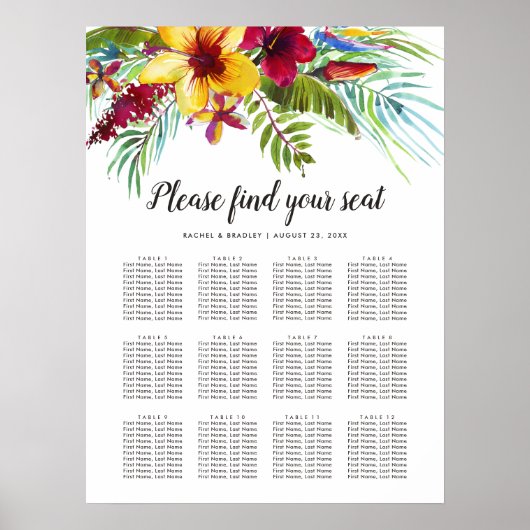 Tropische Floral Wedding 12 Table Seating Chart Poster (Voorkant)