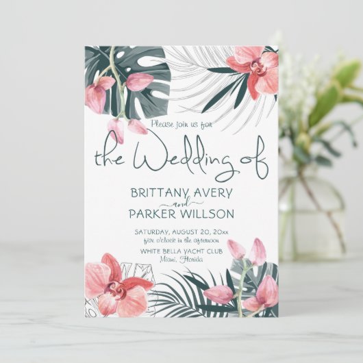 Tropische Floral Wedding Kaart (Staand voorkant)