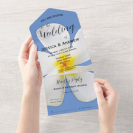 Tropische Floral, White Plumeria on Blue, Wedding All In One Uitnodiging