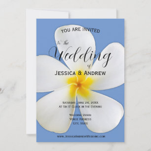 Tropische Floral, White Plumeria on Blue, Wedding Kaart