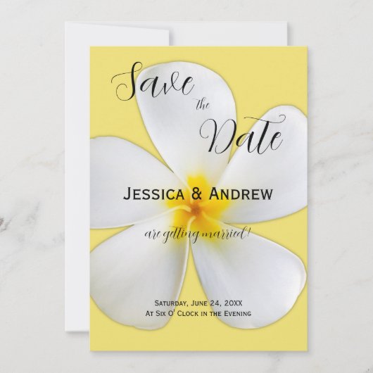 Tropische Floral, witte plassen op geel, bruiloft Save The Date (Voorkant)