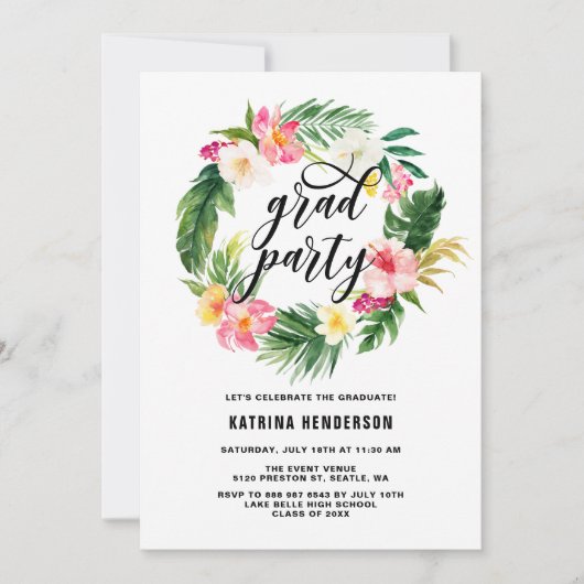 Tropische Floral Wreath Afstuderen Luau Party Kaart (Voorkant)